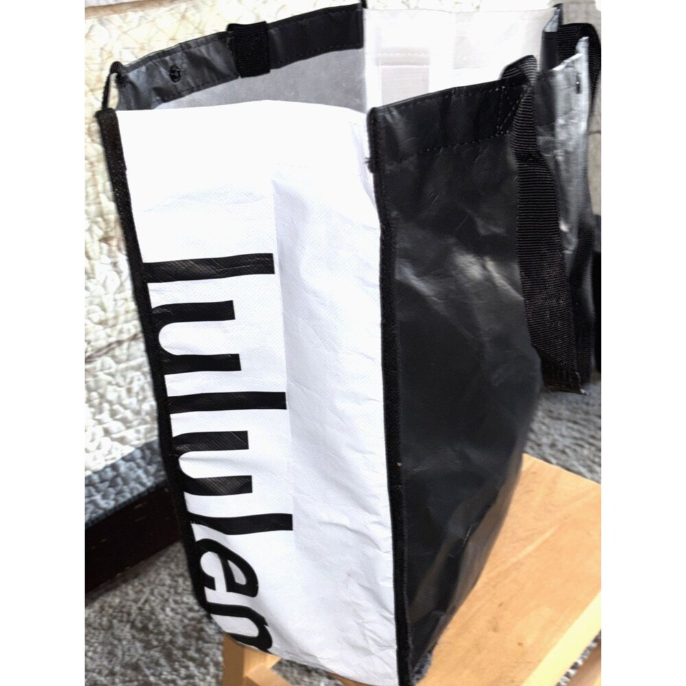 Lululemon Reusable Shopper Tote Bag Small Black White Logo Snap Gym Carryall